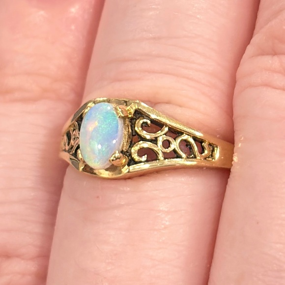 Jewelry - Vintage 14K Gold Opal Ring, Mid Century Filigree, Size 5.5